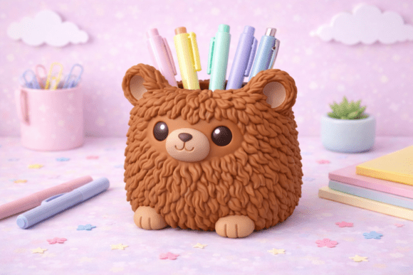 Fluffy Bear Pen Holder STL for Desk Decor